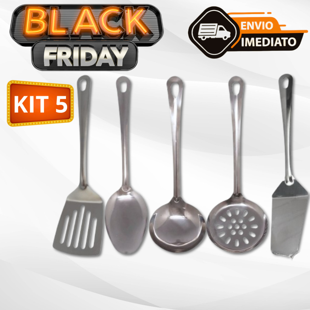 Kit Utensílios de Cozinha 5 Peças 100% Inox Linha COMUM Colher de Arroz Concha Escumadeira Esp Vazada Esp de Bolo