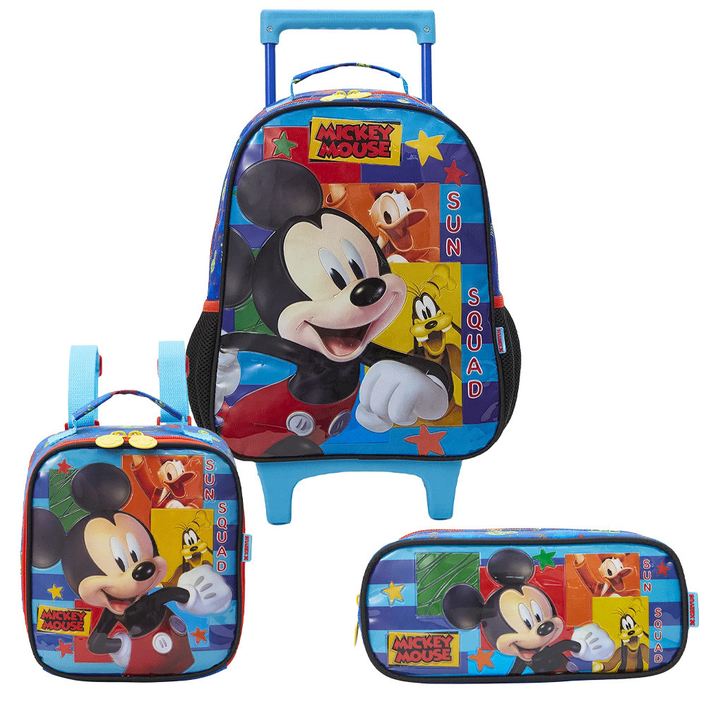 Kit Mochila De Rodinhas Lancheira Estojo Mickey Mouse Disney