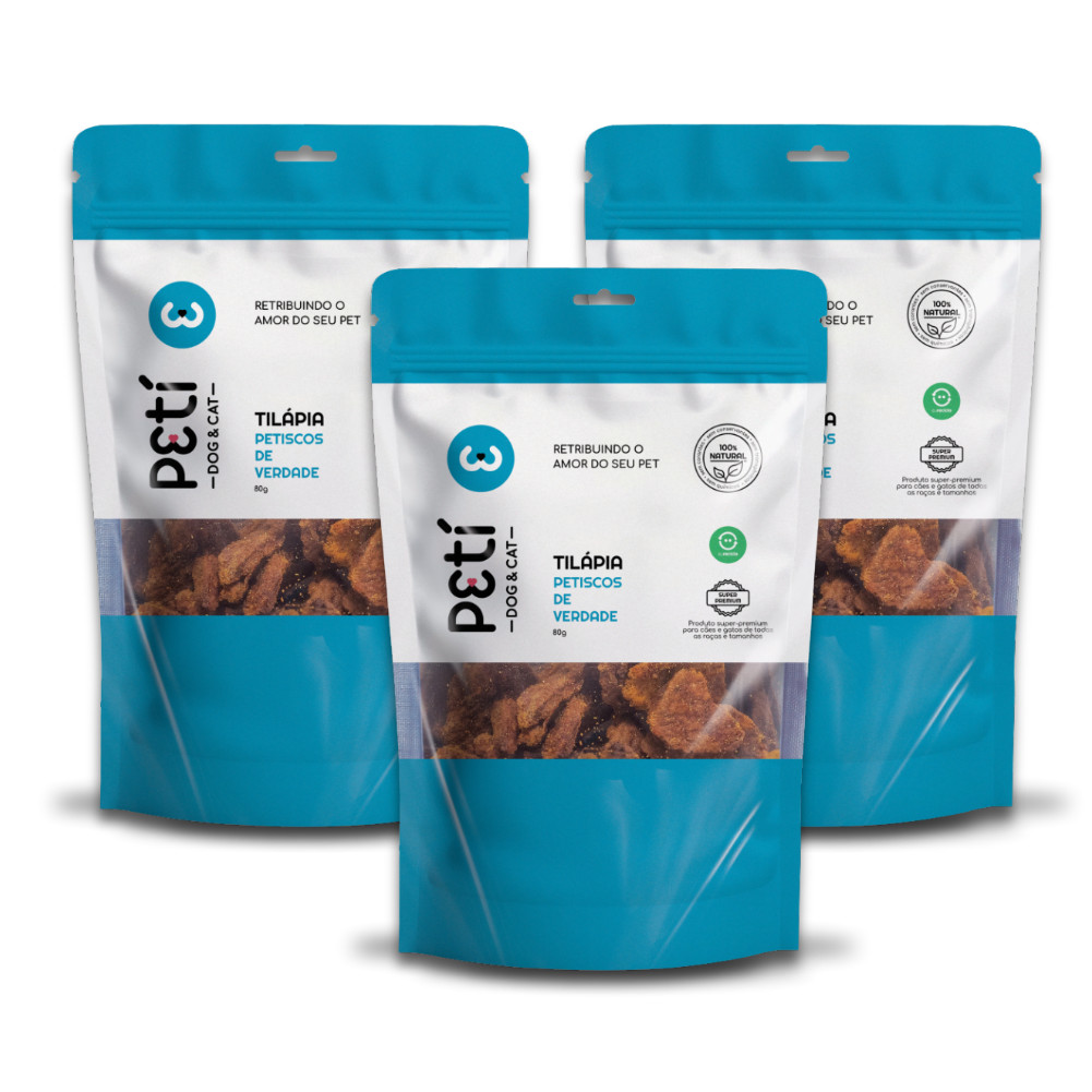 Kit com 3 unidades de Petisco Natural Petí Sabor Tilápia para Cães e Gatos