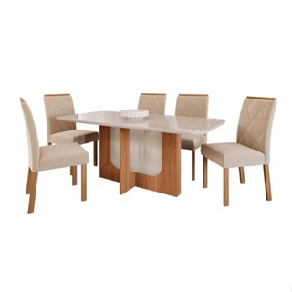 Conjunto de Mesa de Jantar Retangular com Tampo de Vidro Off White Louise e 6 Cadeiras Fernanda Suede Nude e Cinamomo em Oferta na Shopee