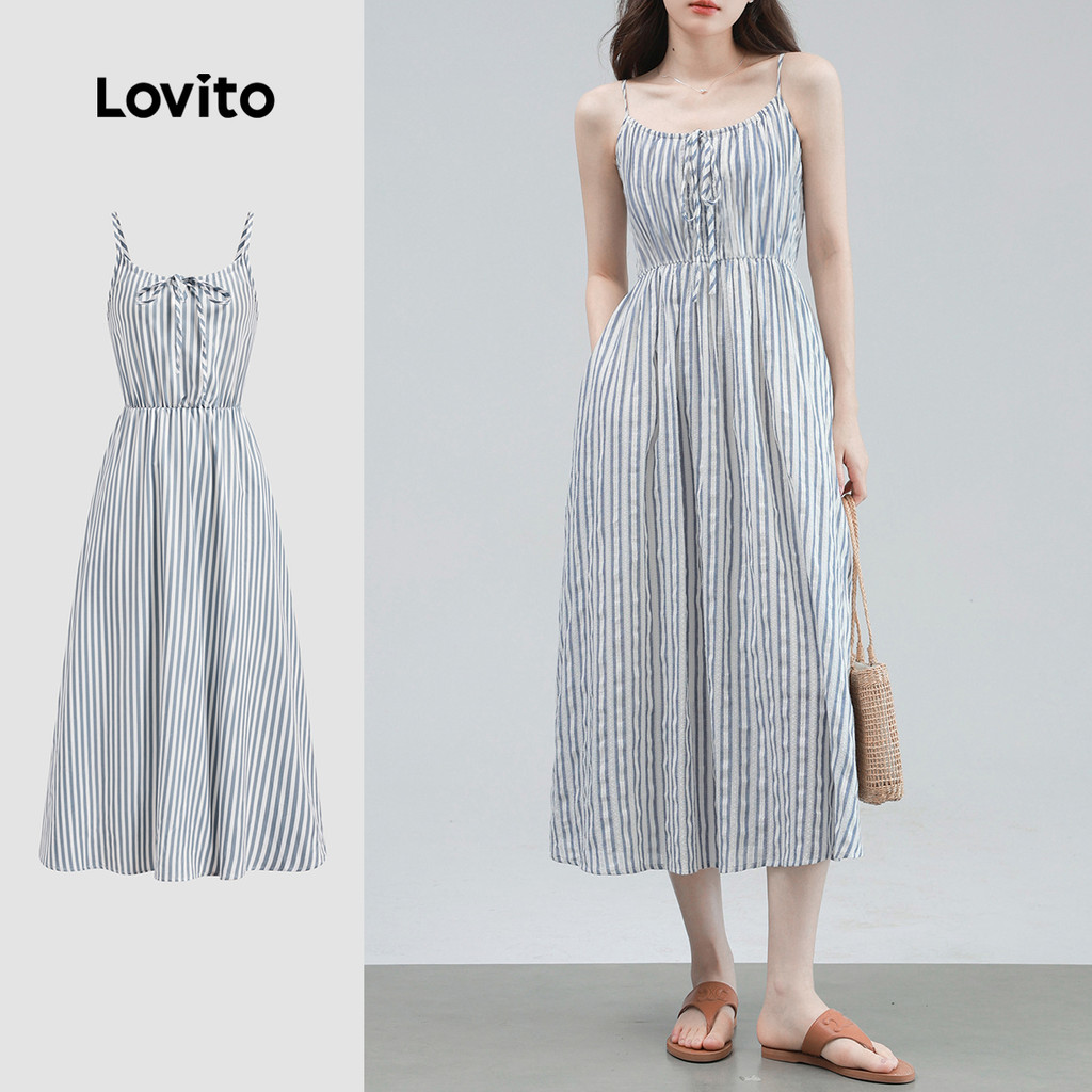 Lovito Vestido Casual Listrado Drapeado Com Bolso E Gravata Frontal Para Mulheres L125AD200 - Women Clothes