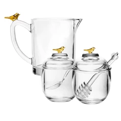 Kit Leiteira, Açucareiro e Meleira de Vidro Cristal Golden Bird - Wolff