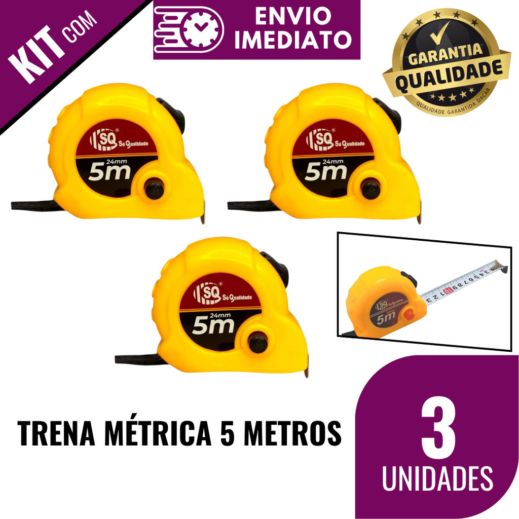 Trena Métrica 1/2/3 Peças 5 Metros Profissional de Plástico com Trava  Aço Aferição Medidas com Alça