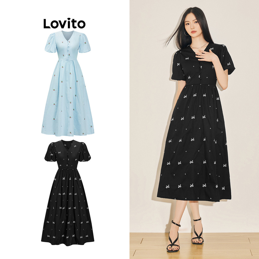 Lovito Vestido Casual E Frutas E Vegetais Com Botão Drapeado E Manga Bufante Para Mulheres L61AD075 (Multicolorido) - Women Clothes