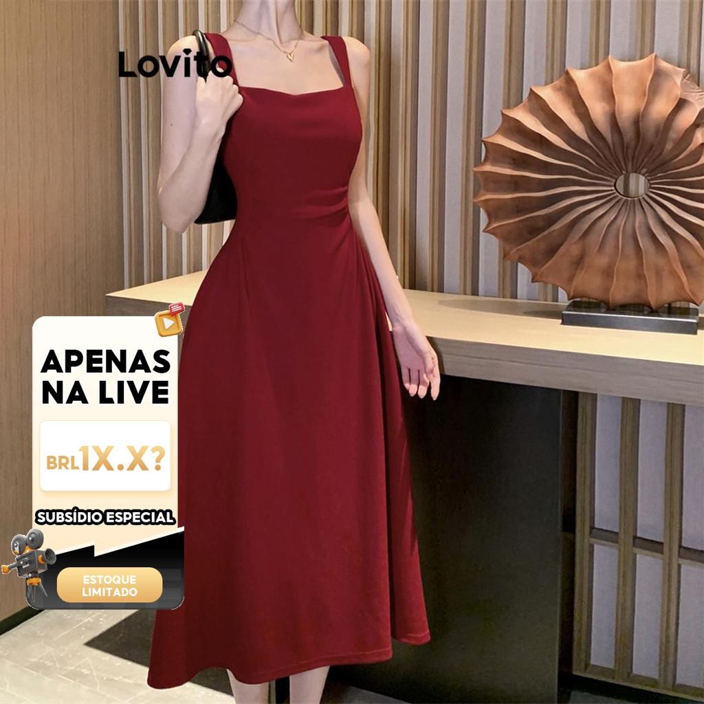 (LIVE STREAM SALE) Lovito Vestido casual liso plissado com estrutura estruturada para mulheres LNE55534 em Oferta na Shopee