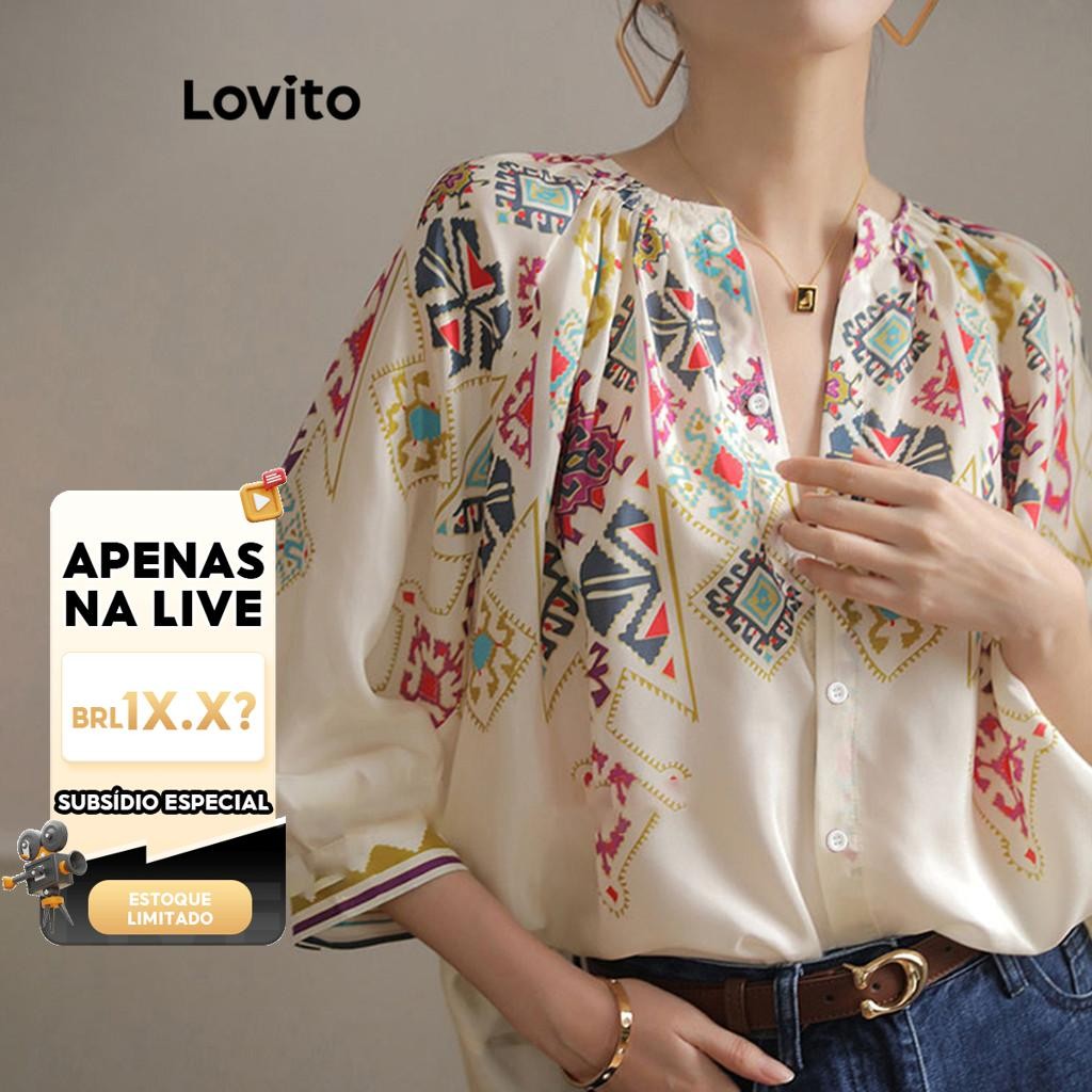 (LIVE STREAM SALE) Lovito Blusa Casual com Estampa Tribal e Drapeado para Mulheres LNA17130 (Branco) - Women Clothes