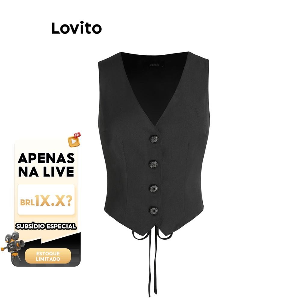 (LIVE STREAM SALE) Lovito Casual Blusa Feminina Lisa Amarrada L67AD041 (Preta) em Oferta na Shopee