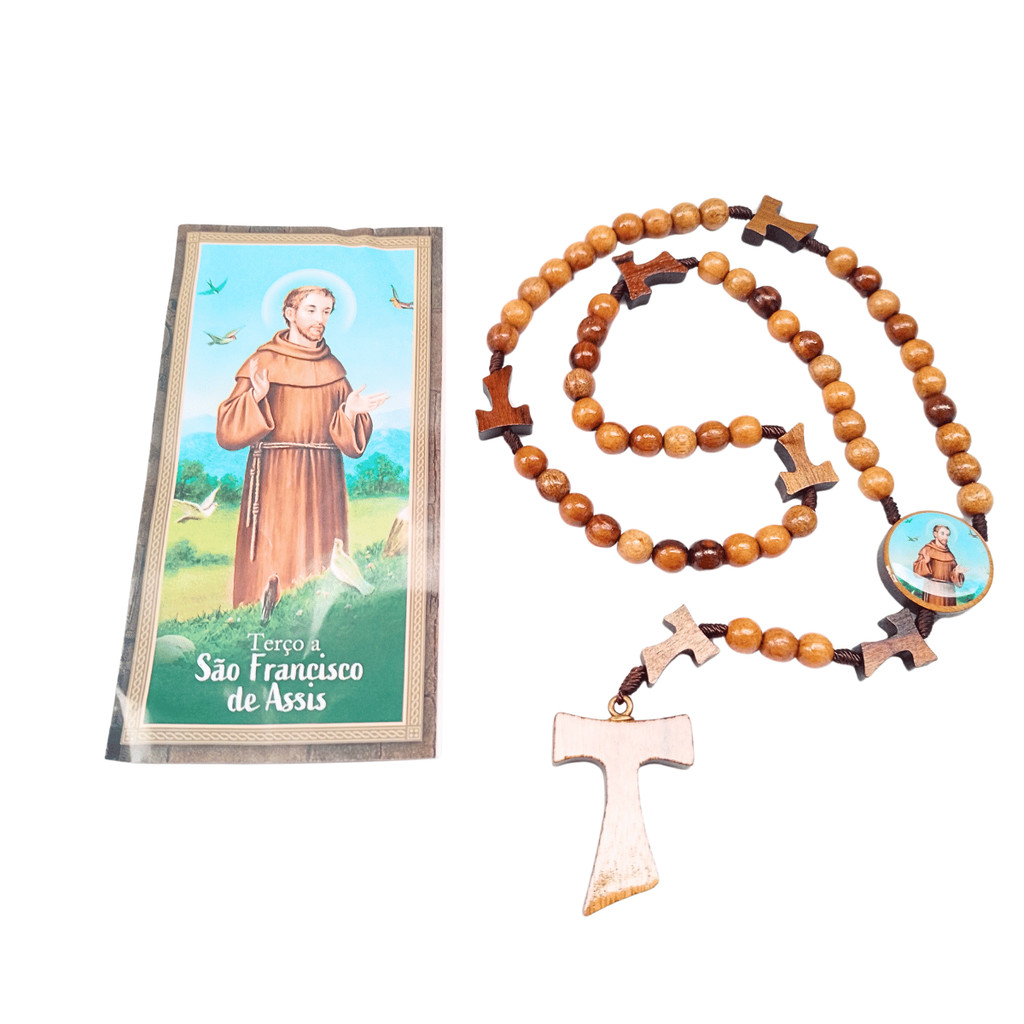 Terço São Francisco De Assis Madeira 8mm Com Folheto De Oração