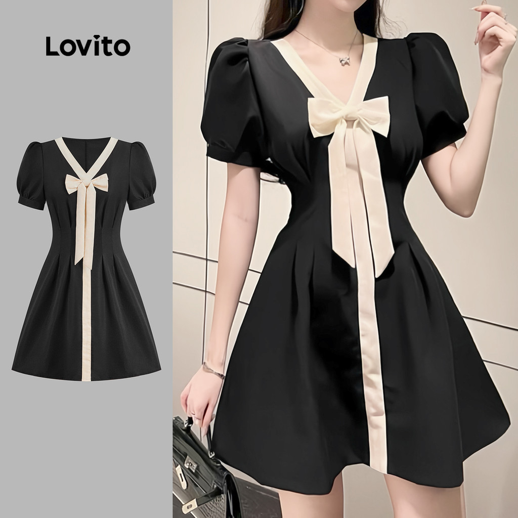 Lovito Vestido elegante com laço liso para mulheres L128ED644 - Women Clothes