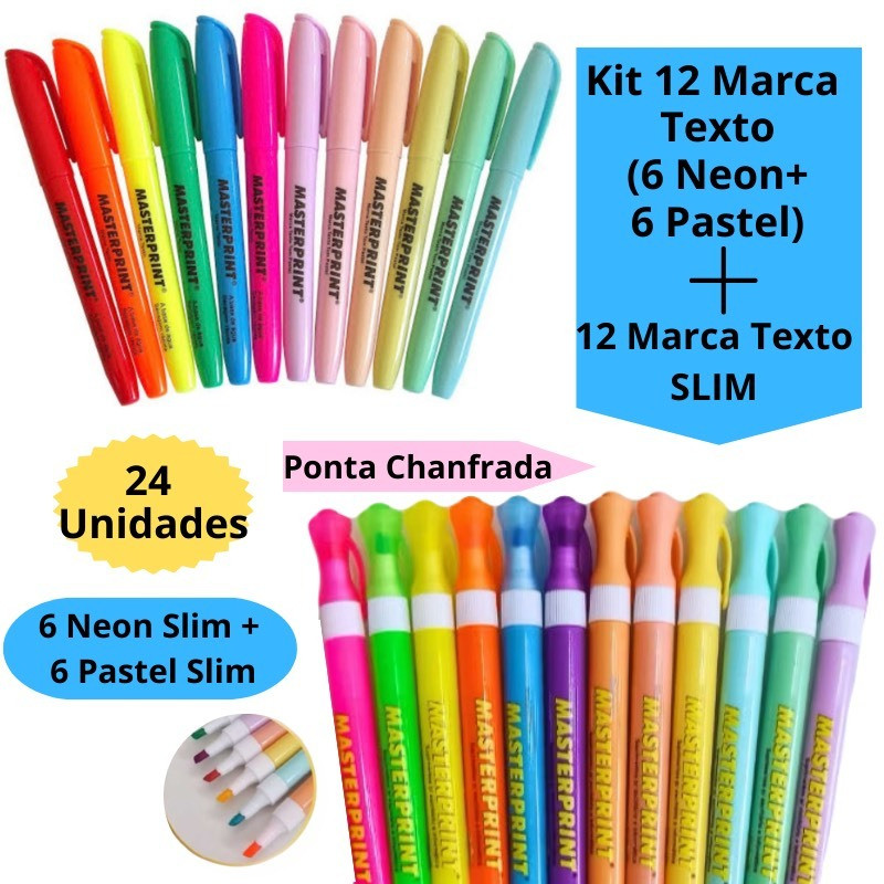 Kit 12 Marca Texto (6 Neon + 6 pastel) + 12 Marca Texto Slim (6 Neon + 6 pastel) Ponta Chanfrada Escolar Masterprint em Oferta na Shopee