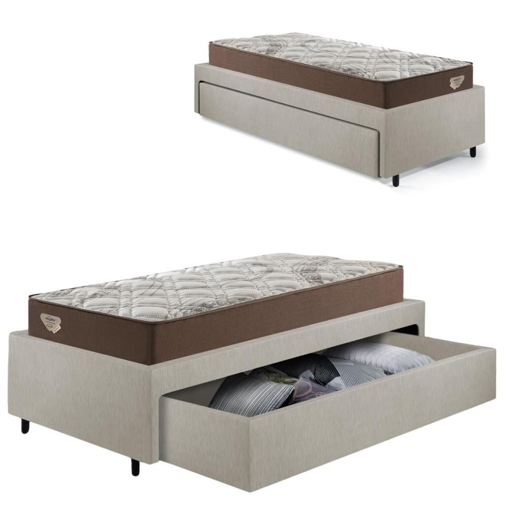 Cama Solteirão Sapateira Courino Linho Areia e Colchão Relax Adorabile Ecoflex 96x203