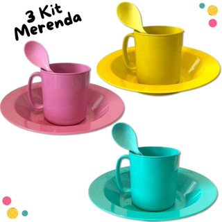 3 Kit Prato caneca colher resistente micro fundo rosa amarelo verde refeição infantil escola cozinha em Oferta na Shopee