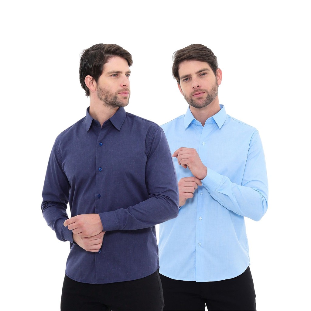 KIT Masculino 2 Peças - Camisa Social Premium Tipo Linho Azul Marinho e Camisa Social Premium Tipo Linho Azul Claro