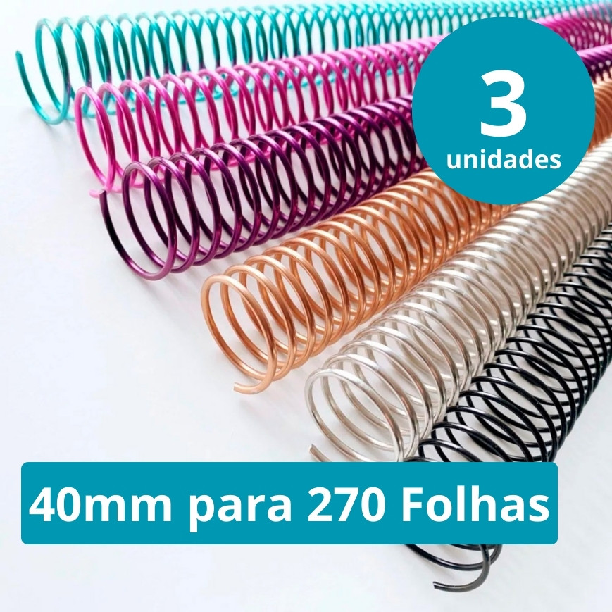 Espiral de Metal 40mm 35cm para 270 Folhas Encadernação Passo 6mm - 3 unidades - Várias Cores