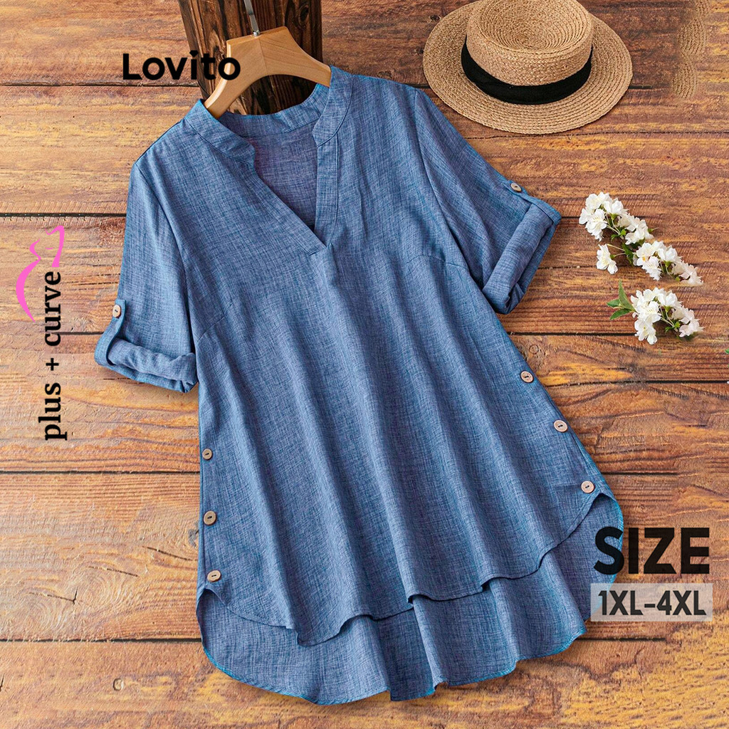 (Trendy) Lovito Blusa Curva Plus Size Casual Blusa Básica Com Botão Liso Para Mulheres LBL18309 em Oferta na Shopee