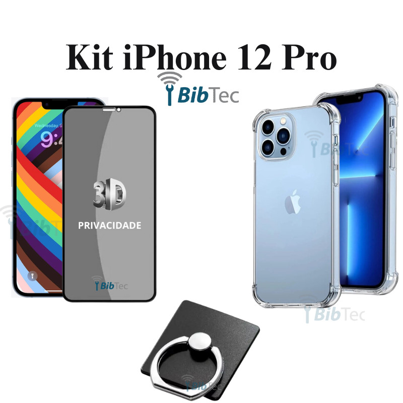 Kit Capa Capinha Transparente + Película 3D Vidro Privacidade + Suporte de Anel para Iphone 12 Pro