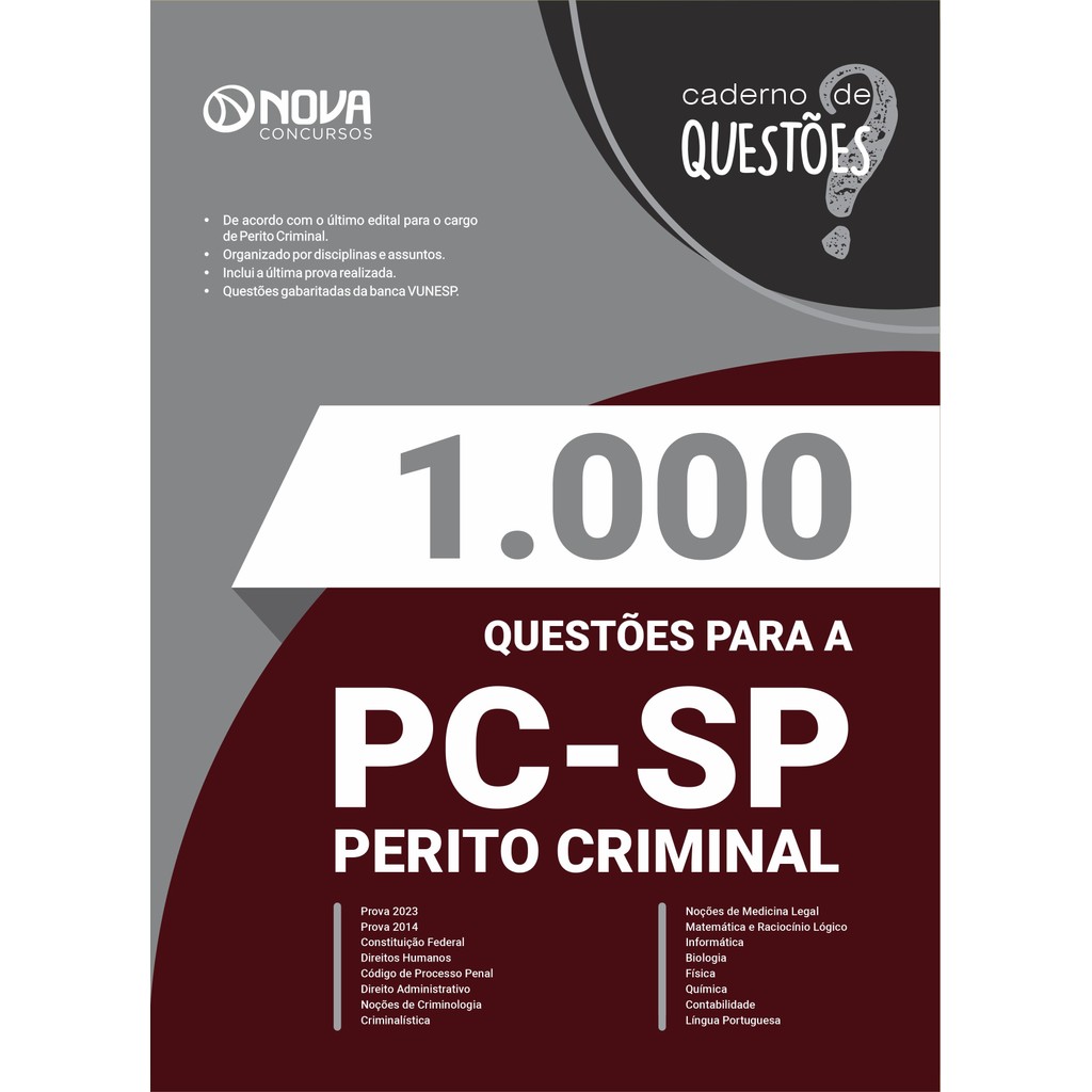 Imagem Livro Aprovação Concurso 1.000 Questões Gabaritadas PC-SP - Perito Criminal