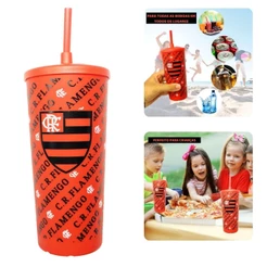 Copo Plástico Vermelho Tampa Canudo 500ml Infantil Flamengo Oficial