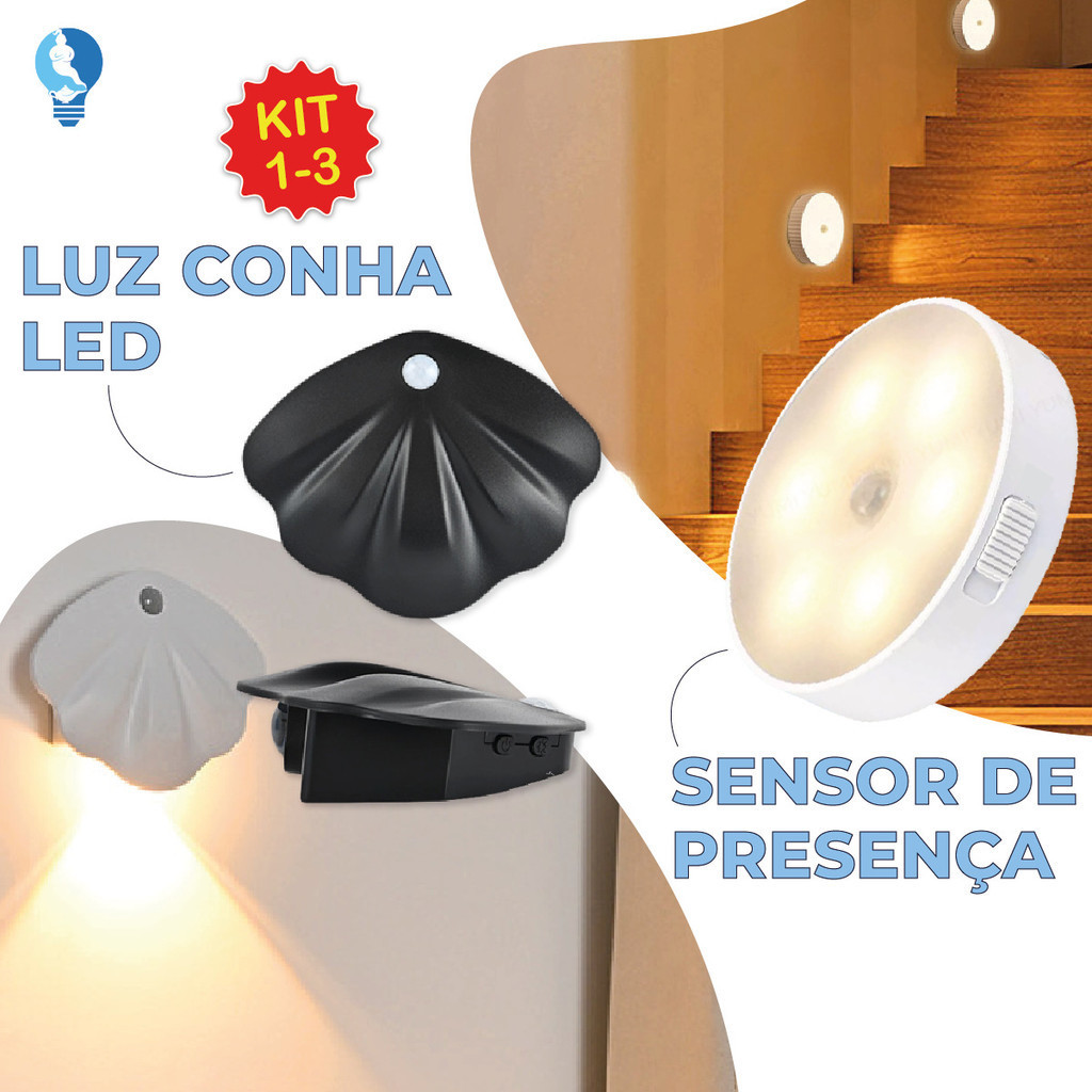 Luminária Led Sensor De Presença Automático Formato Concha Inteligente Recarregável USB em Oferta na Shopee