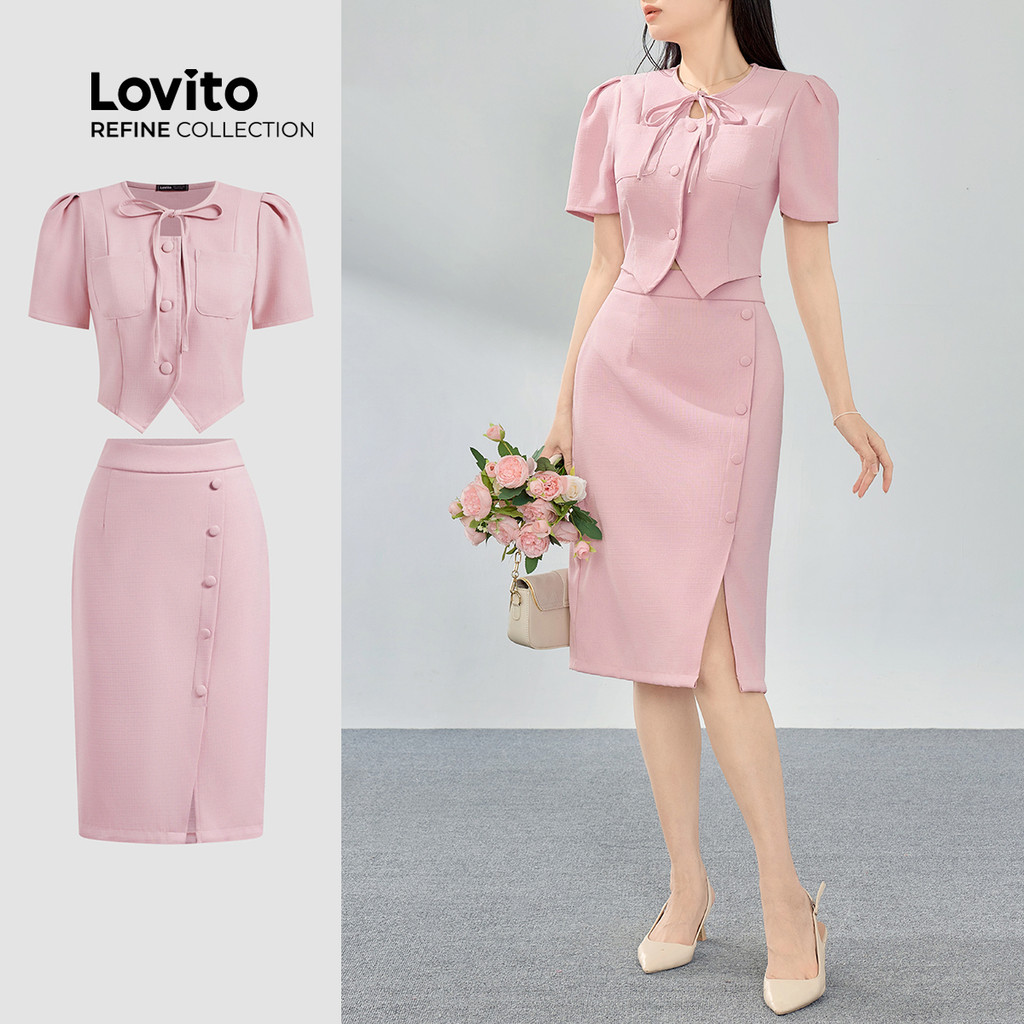 (Lovito Refine) Top Casual Com Cadarço Dividido Na Frente Tops Ou Calças De Verão/Primavera Para Mulheres LR4ED038 em Oferta na Shopee