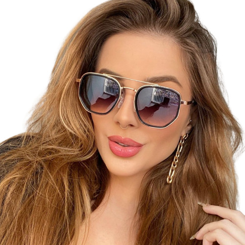 Óculos de Sol Feminino Original Viale Hexagonal Retrô Grande com UV400 + case em Oferta na Shopee