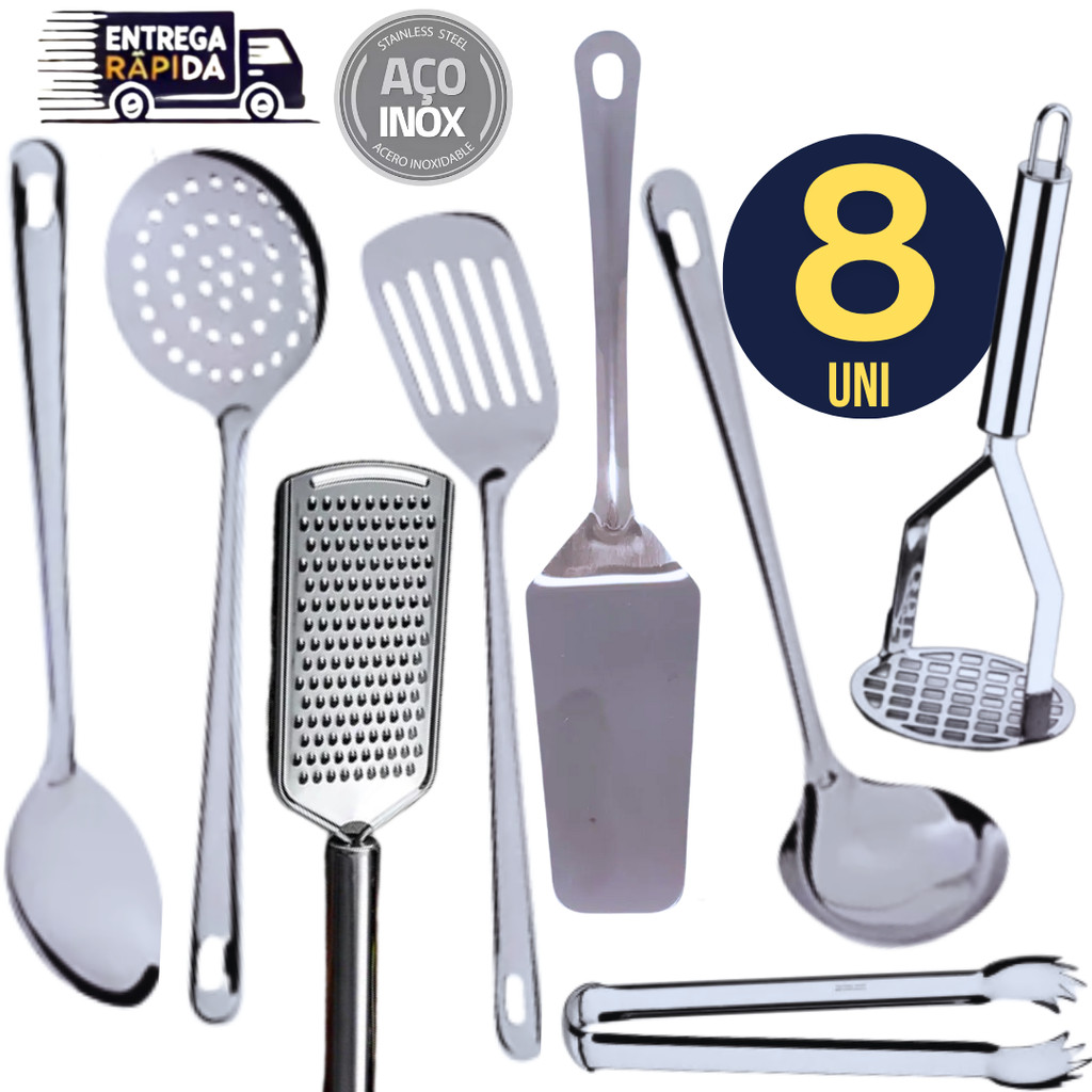 8 Utensílios em Inox Concha Espátula Escumadeira Colher Arroz Espatula Vazada Amassador de Batatas Pegador Carne Ralador