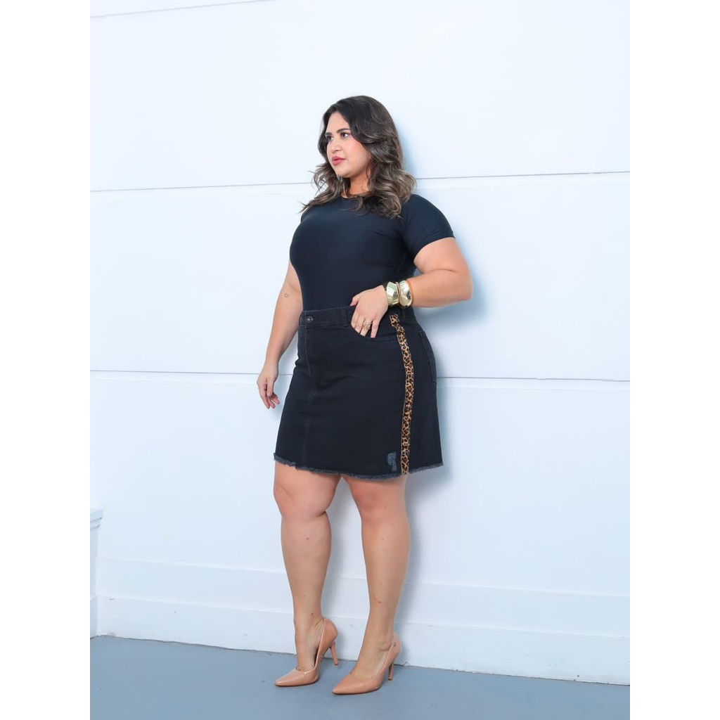Saia Jeans Índigo Black com faixa de onça Plus Razon Jeans Trabalho Festa Dia a Dia Moda Elegante em Oferta na Shopee