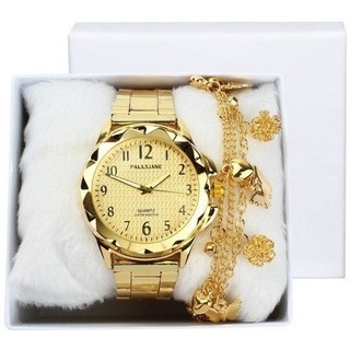Kit Relogio Feminino Dourado Prata Banhado + Pulseira + Caixa Para Presente Lindo Promoção