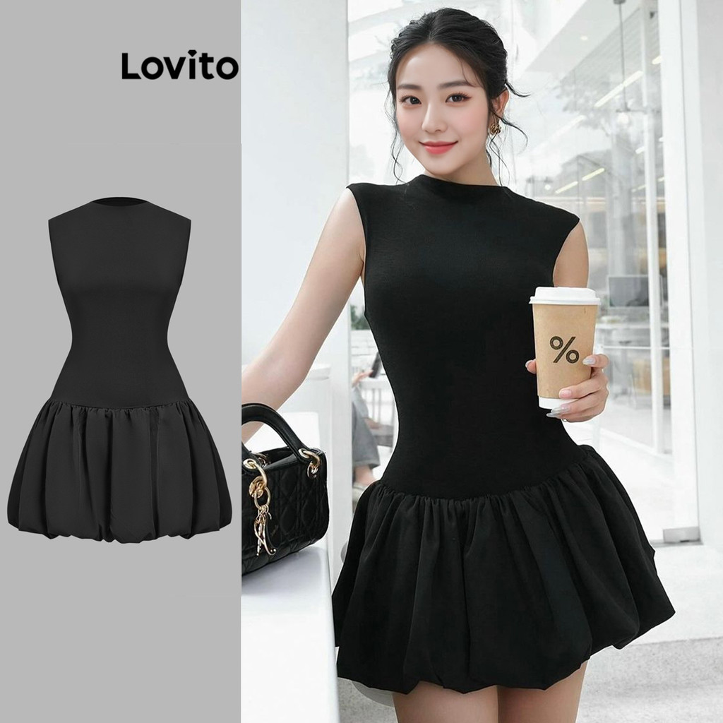 Lovito Vestido Fofo De Tecido Liso Com Costura Em Estrutura Para Mulheres L106AD1327 - Women Clothes