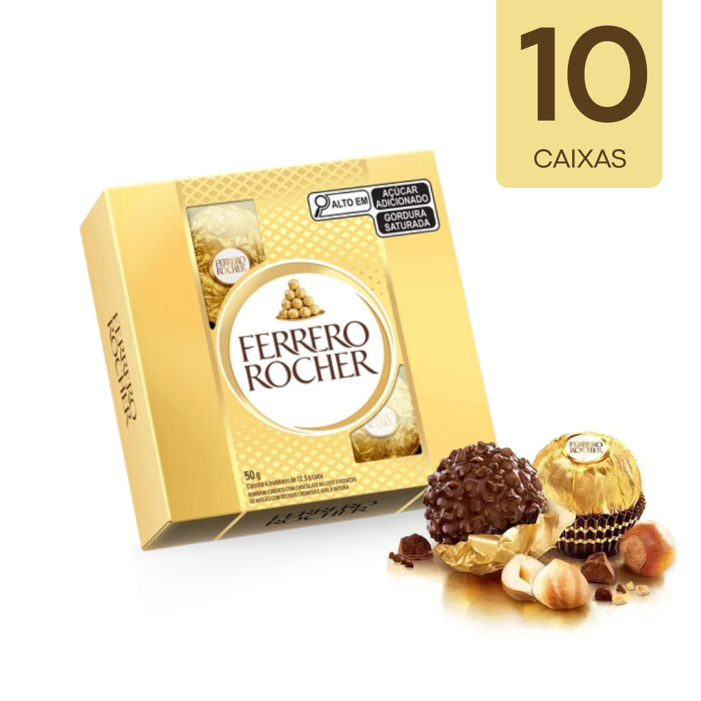Kit 10 Caixas Ferrero Rocher Bombons 4 Un Ao Leite Com Avelã 50g Wafer Crocante Recheio Cremoso Lembrancinha