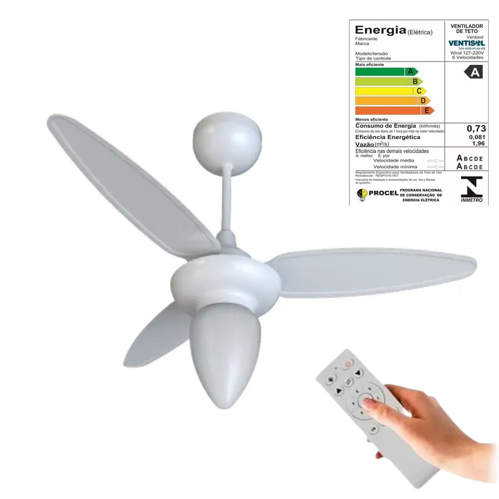 Ventilador De Teto Ventisol Silencioso Wind Inverter Bivolt Com Controle Remoto E Luminaria