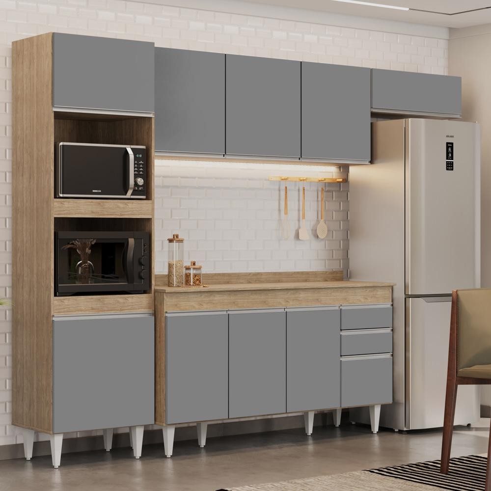 Armário de Cozinha Modulada 4 Peças CP11 Balcão com Tampo Castanho/Cinza - Lumil em Oferta na Shopee