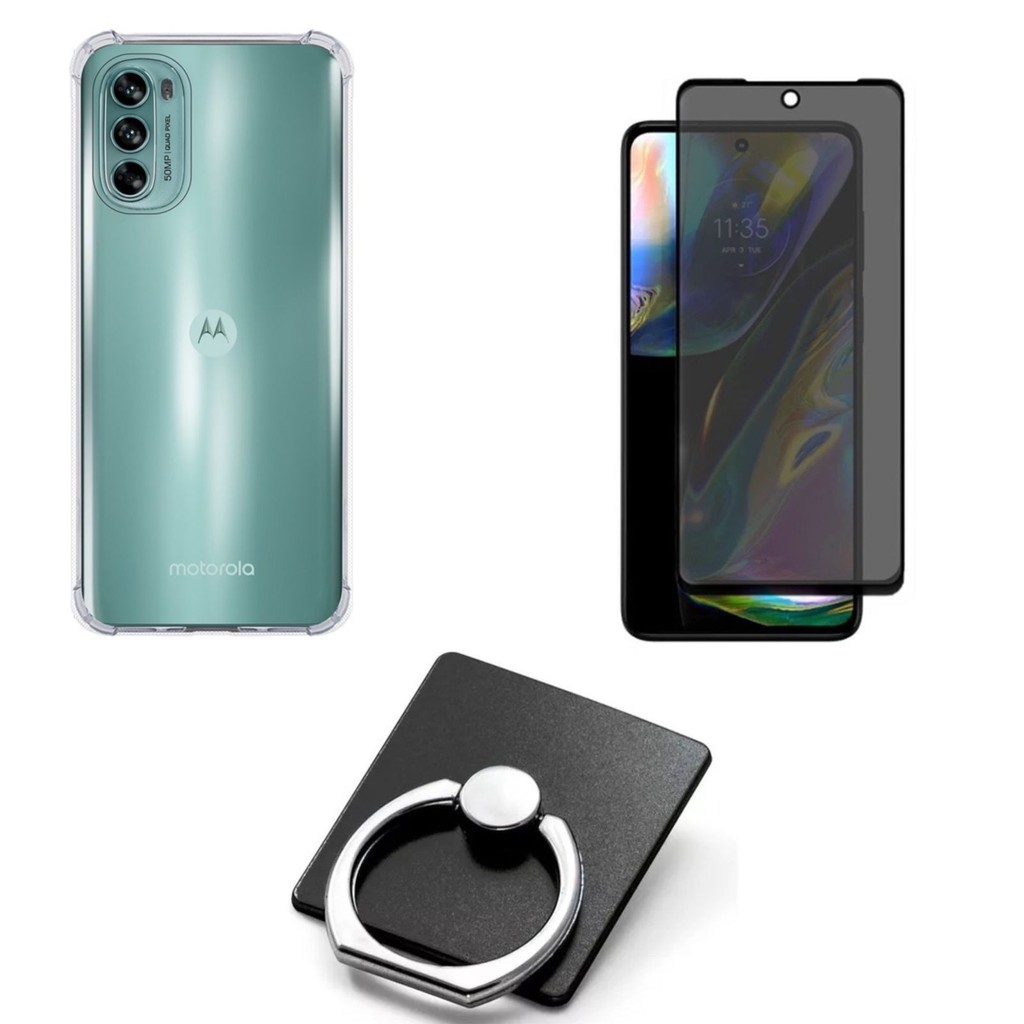 Kit Capa Transparente + Película Fosca Privacidade + Suporte Anel para Motorola Moto G82