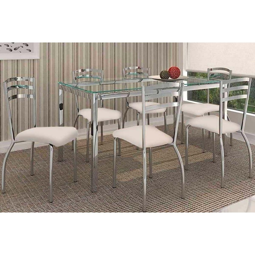 Sala de Jantar Completa Reno c/ Tampo de Vidro 150x80cm e 6 Cadeiras Portugal Cromada/Nude 16 - Kappesberg em Oferta na Shopee