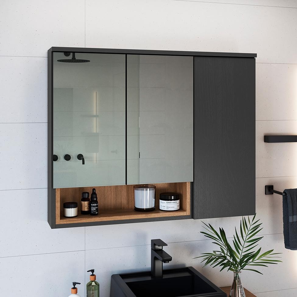 Armário de Banheiro com Espelho Cecília 3 PT Grafite e Mel em Oferta na Shopee