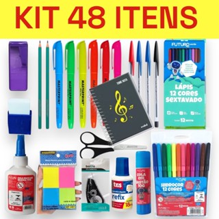kit 48 Itens Material Escolar fundamental médio Básico universitário caneta lápis marca texto borracha corretivo papelar em Oferta na Shopee