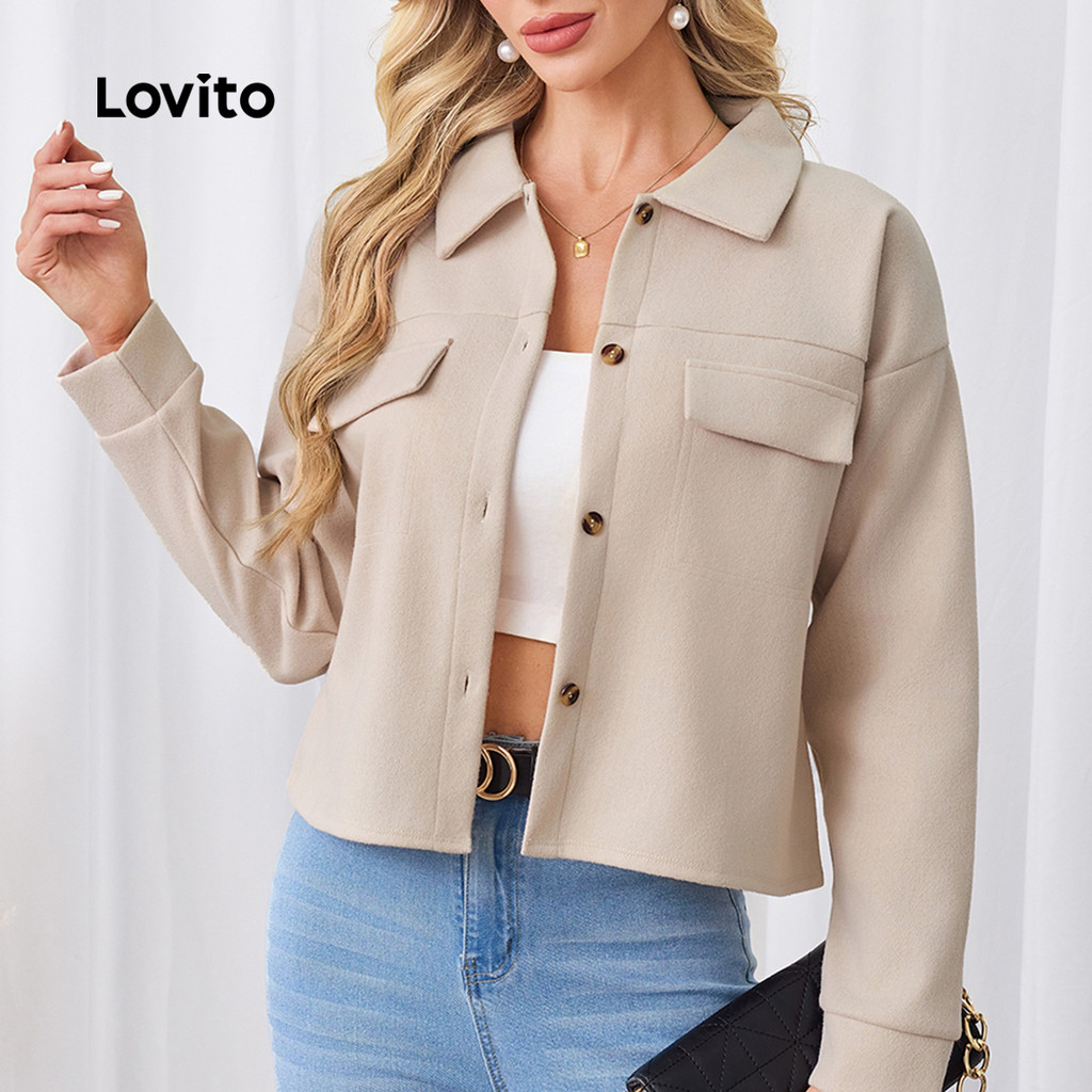 Lovito Jaqueta Casual lisa com bolso falso e botão para mulheres LBL23508 - Women Clothes