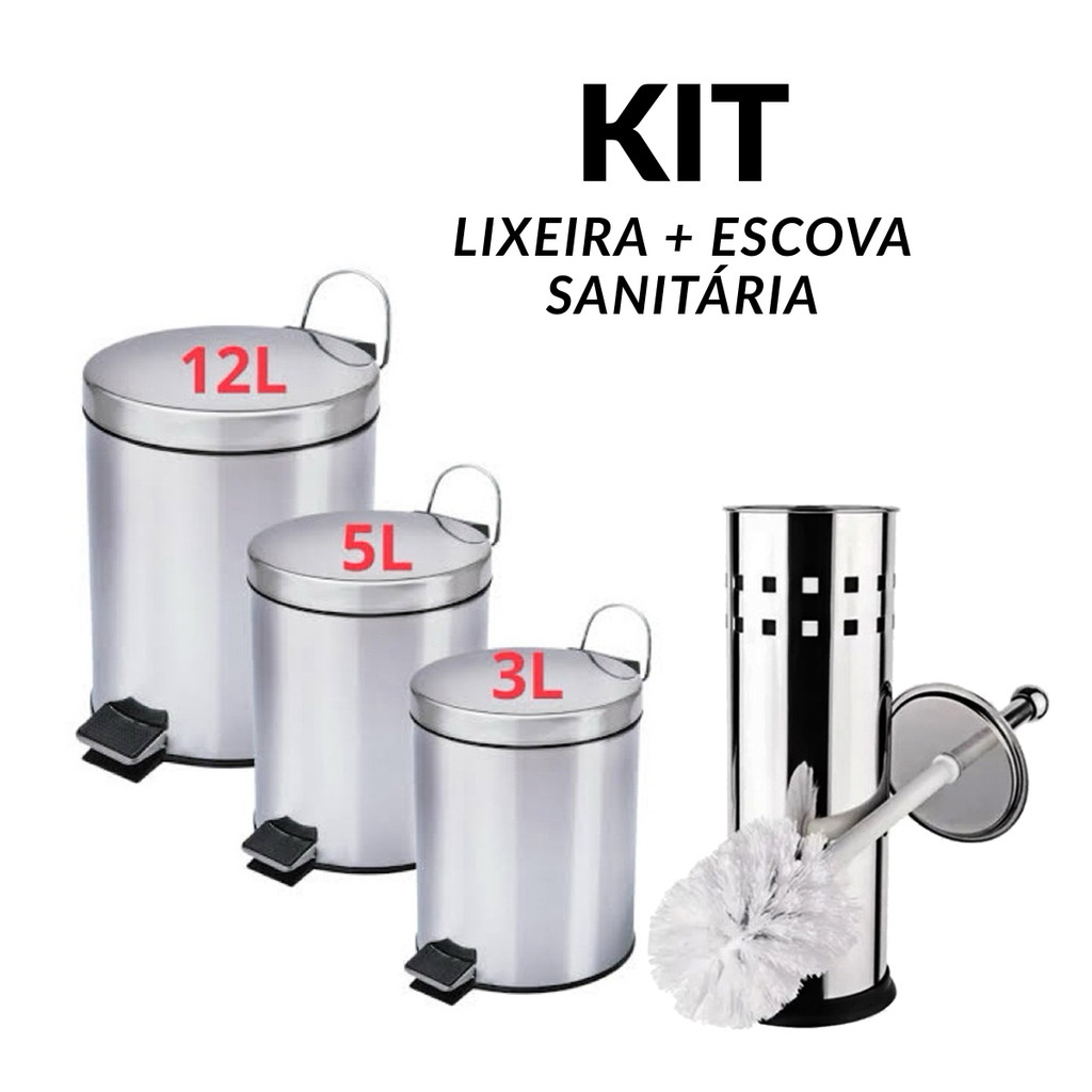 Kit Lixeira de Aço Inox 3L 5L 12L + Escova Sanitária c/ Suporte em Inox