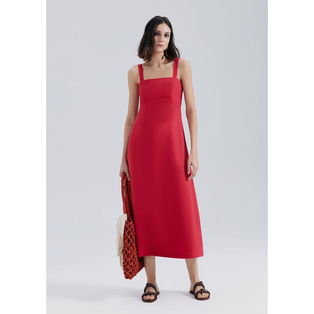 Vestido Midi Evasê Alças Médias Rústico Com Linho Hering - Women Clothes