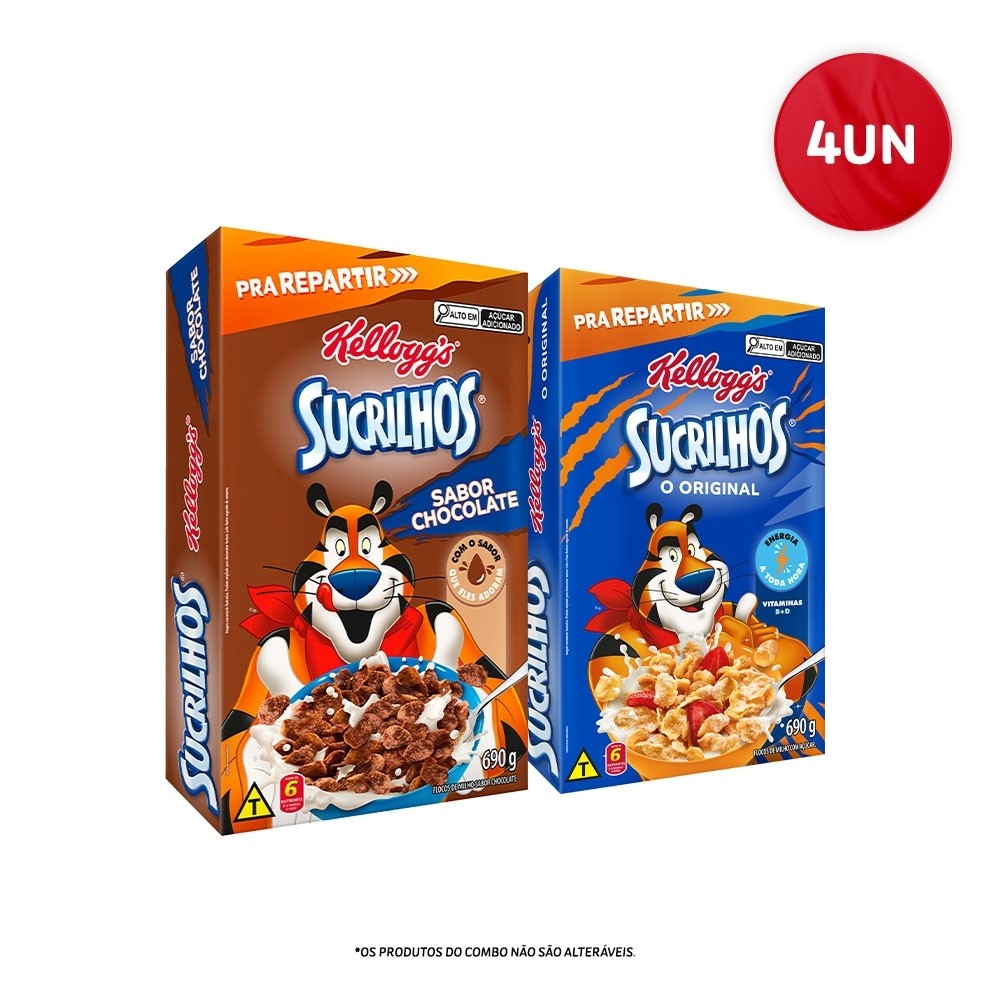 Combo Cereal Sucrilhos Original e Chocolate Kelloggs 690g 4 unidades