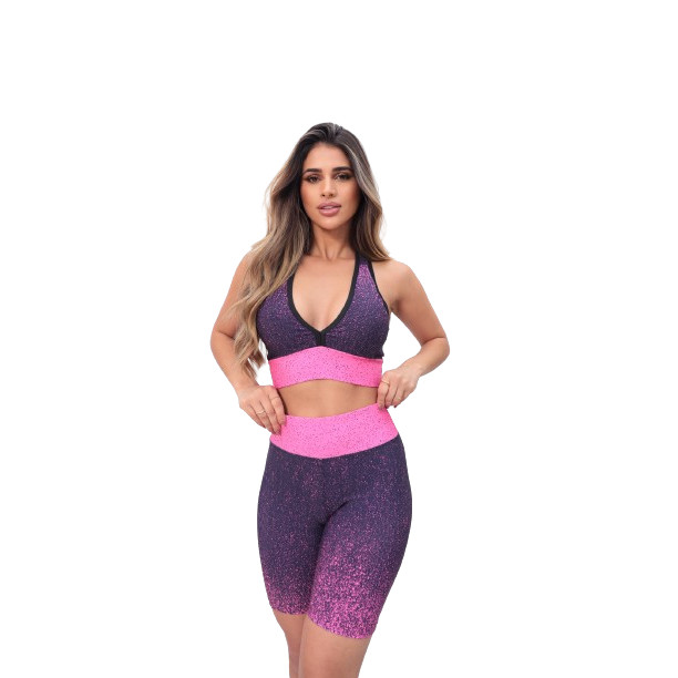 Conjunto Academia Feminino Top Cropped e Short Legging Cintura Alta Efeito degrade  Treino Fitness Crossfit