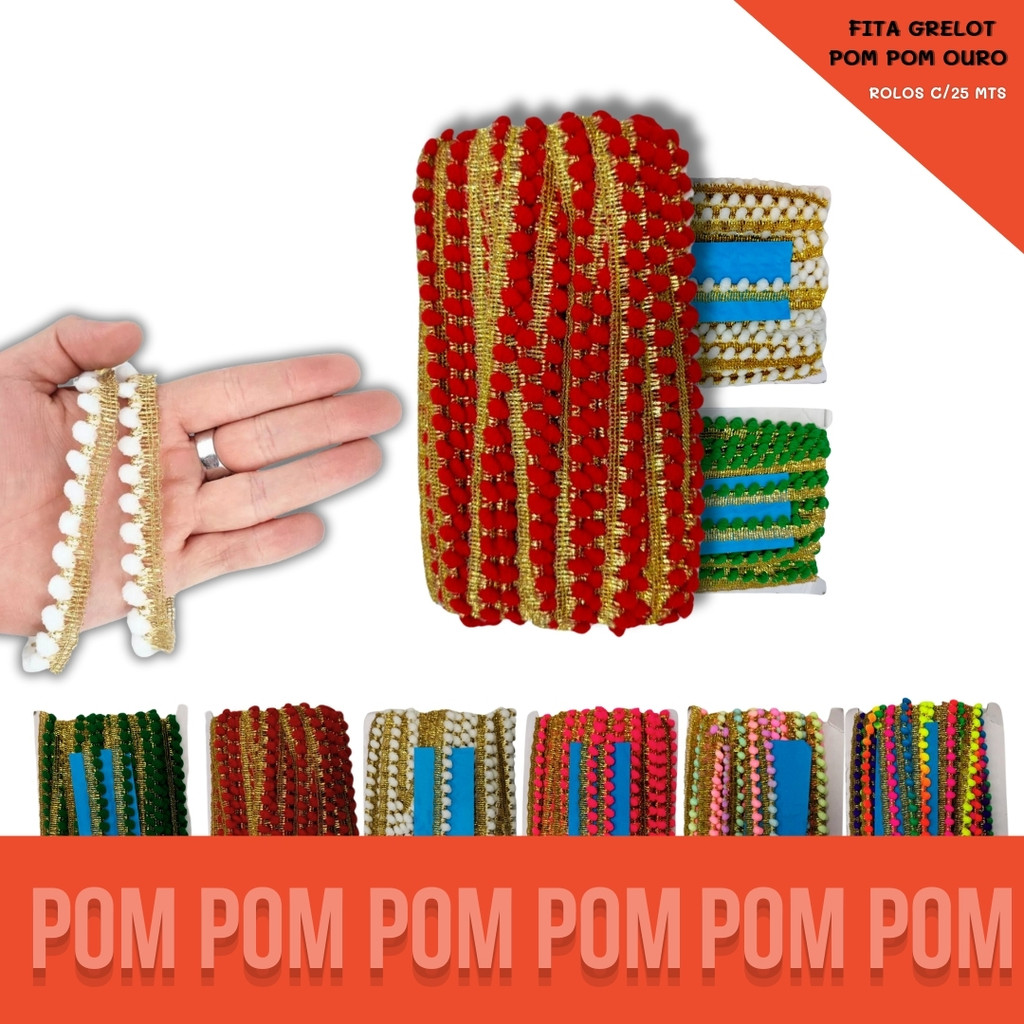 Fita Grelot Pompom Ouro - Passamanaria 10mm - Rolo C/ 25 Mts