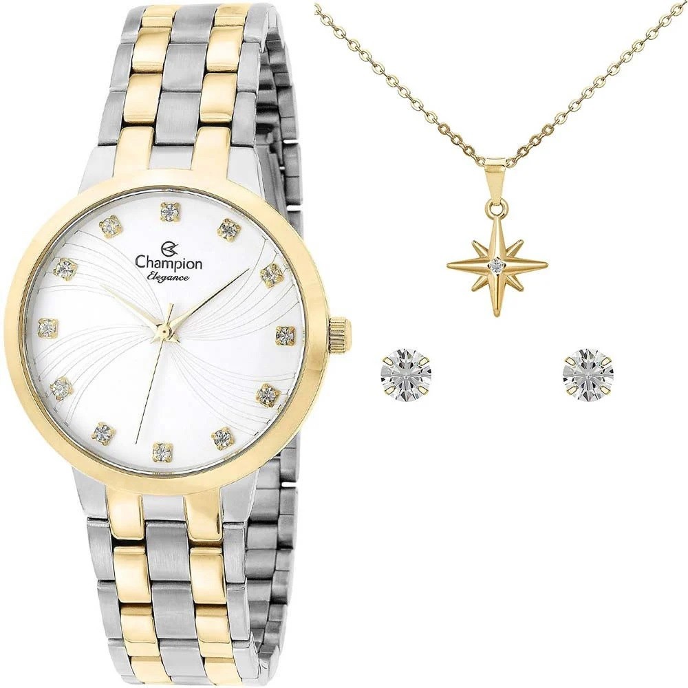 Relógio Feminino Champion Prata com Dourado Original CN24084B Com Pedras Kit Colar e Brincos Presente Mulheres em Oferta na Shopee