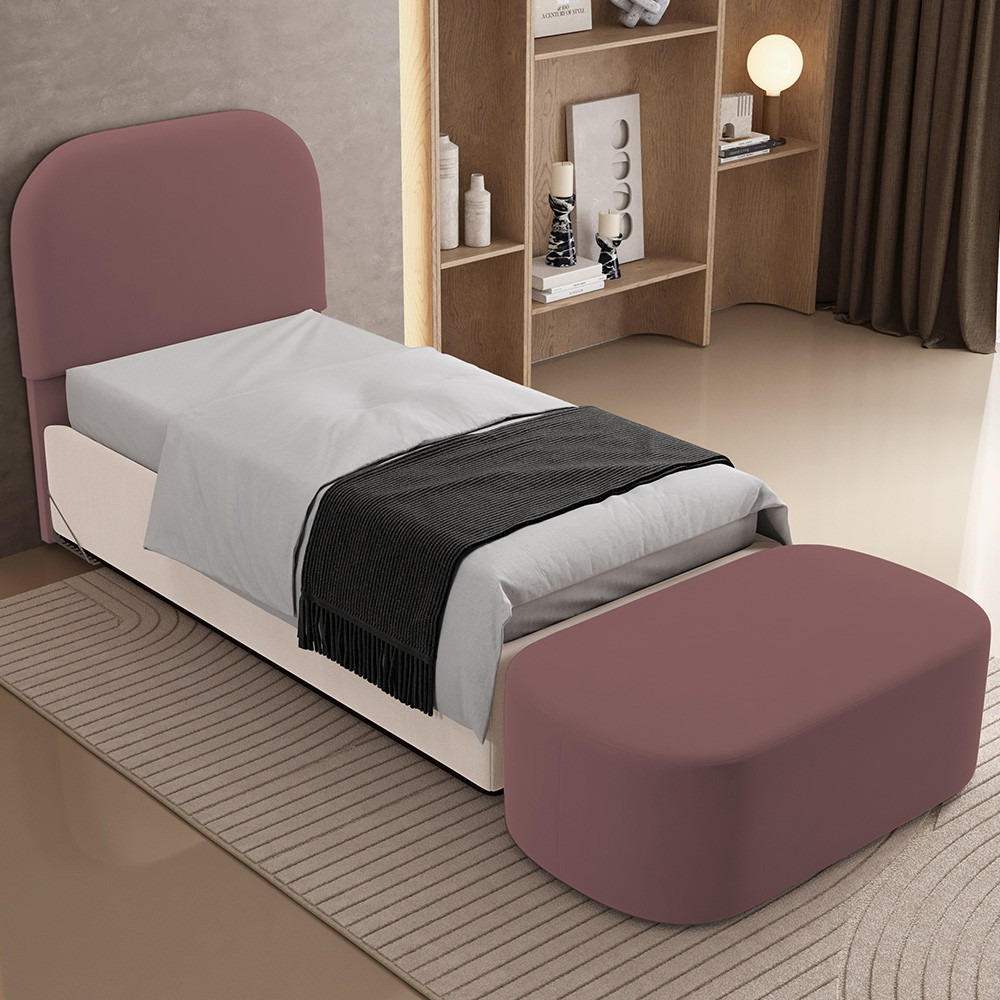 Cabeceira Cama Box Solteiro 100cm Lanna com Puff Recamier Doha W01 Suede Rosê - Lyam Decor