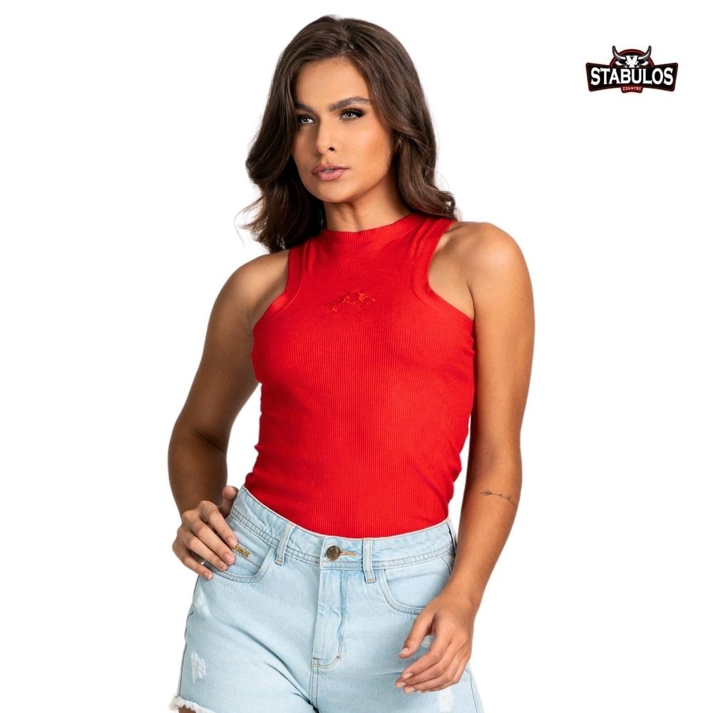 Camiseta Feminina Stabulos Regata Vermelha Com Bordado Country Canelada Em Viscose Com Elastano