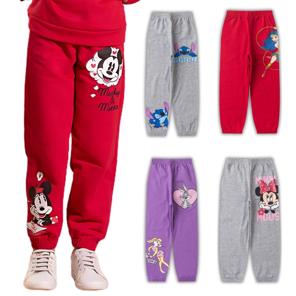 Kit com 04 Calças Moletom Infantil Menina Flanelada de Frio Personagens Feminino Minnie Stitch Lolla