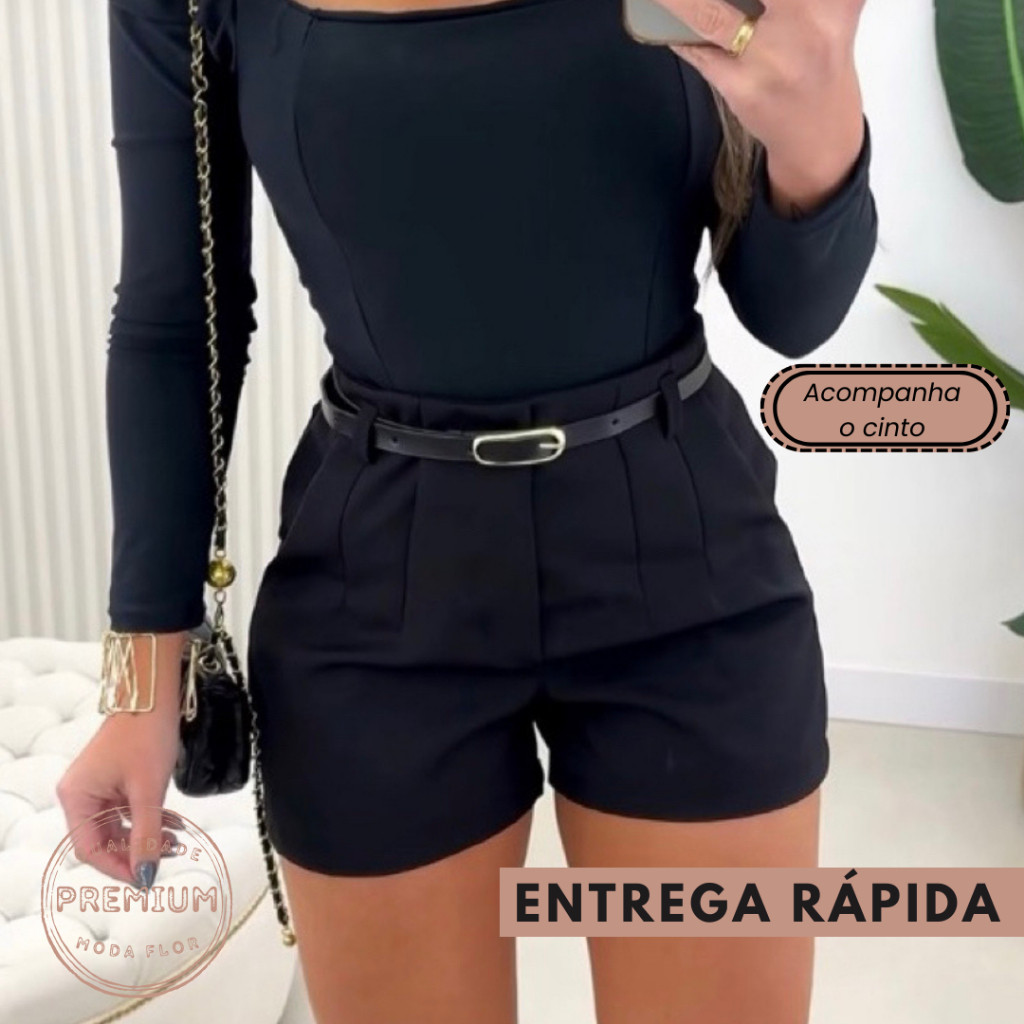 SHORTS ALFAIATARIA FEMININO ELEGANTE CINTURA ALTA COM ZÍPER NA LATERAL BOLSOS E CINTO