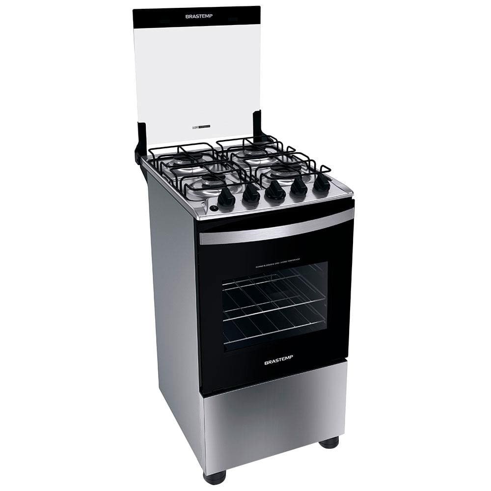 Fogão Brastemp 4 Bocas BFO4NBR Clean com Mesa de Inox, 2 Prateleiras Ajustáveis e Acendimento automático Bivolt – Inox - Home Appliances