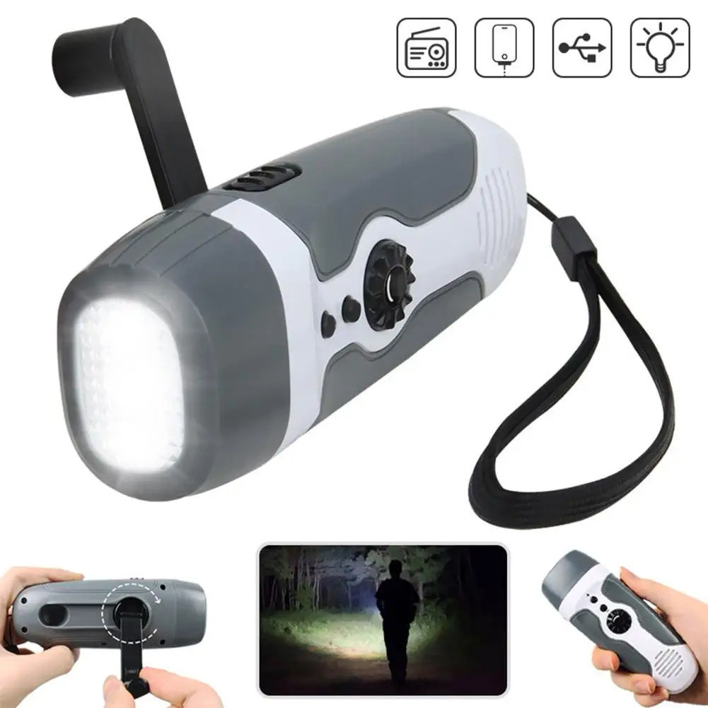 Lanterna de Emergência Portátil 3 em 1 com Manivela Dinâmica Rádio FM Power Bank Recarregável por USB Lanterna LED