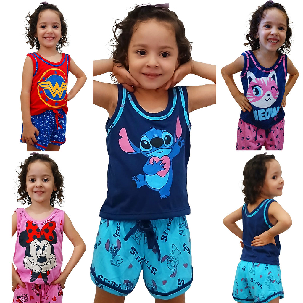 Pijama Infantil Menina Feminino Regata Estampado Com Shorts Diversas Estampas de Personagens